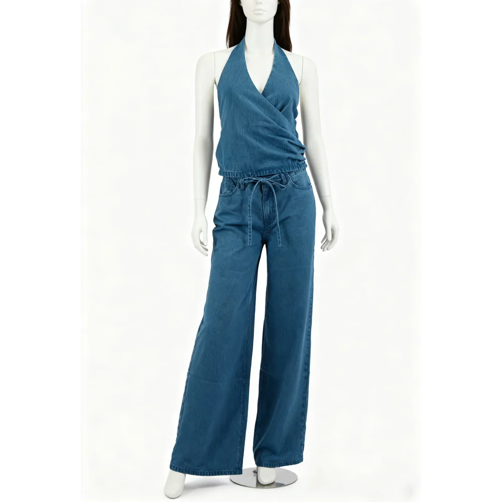Women's FashionBest-selling Casual and Unique Denim Crop Top and Rope-wrapped Wide-leg Pants Set