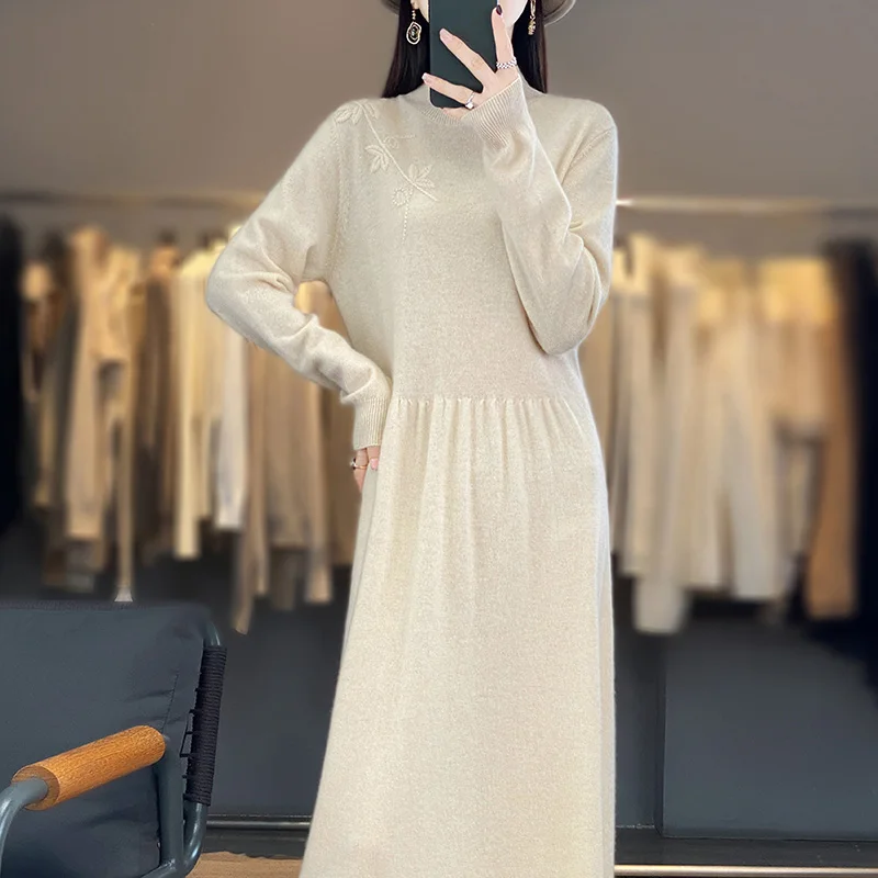 Cashmere Dress Women's Long High-end Custom-made Cashmere Dress Autumn and  Winter Embroidered Flower Dress.