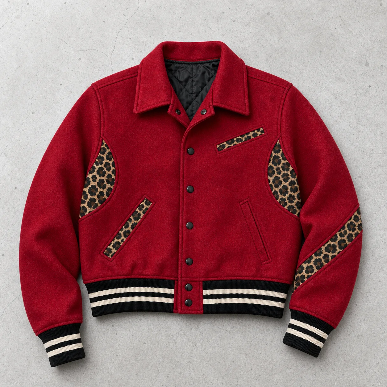 Wholesale Custom Logo Red Wool Blend Leopard Trim Snap Button Striped Rib Streetwear Casual Winter Bulk Men Varsity Jacket