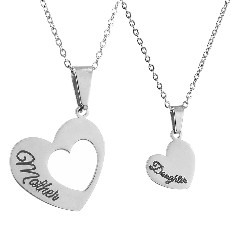 2pcs/Set Mother Daughter Heart Necklace Stainless Steel Splicing