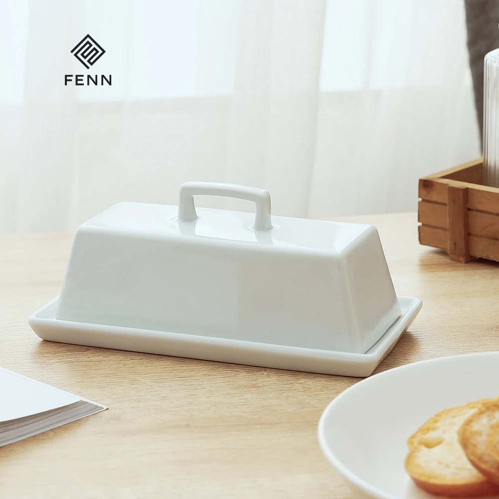 FENN Popular Modern Rectangle Shape White color Butter Sugar Flour Dish Container Custom Ceramic Butter Dish Modern With Lid