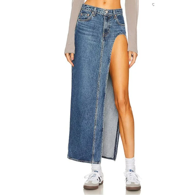 Gonna Lunga Jean Denim A-Line Y2K Vita Alta Con Balze - Donna