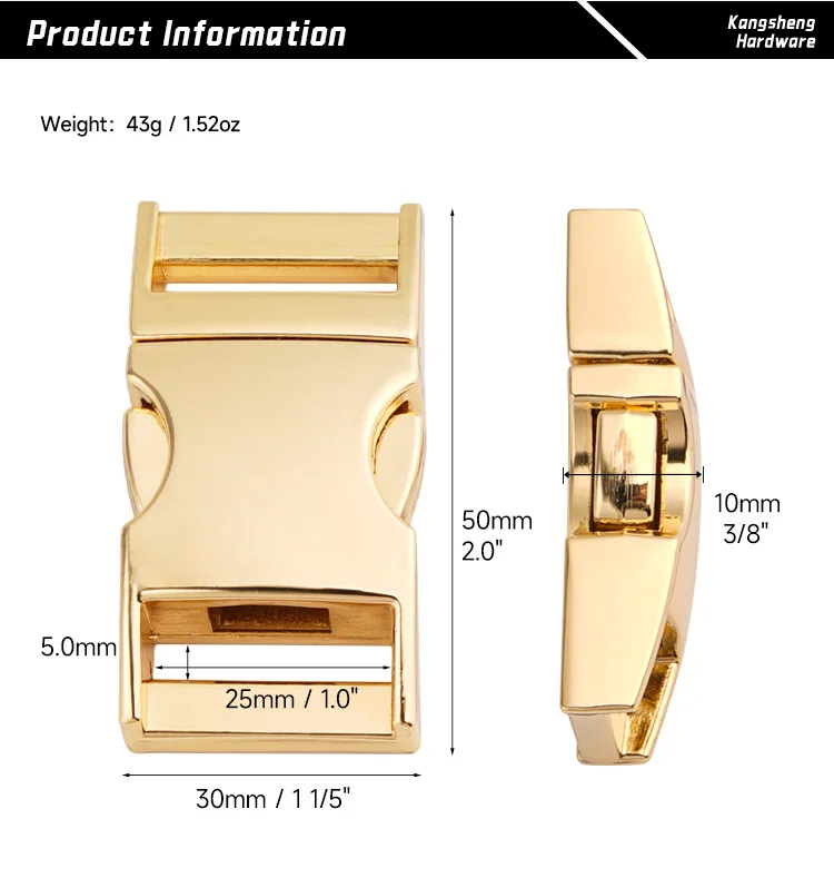 Wholesale Pet Hardware Gold Quick Release Buckle 1" Curved Side Release