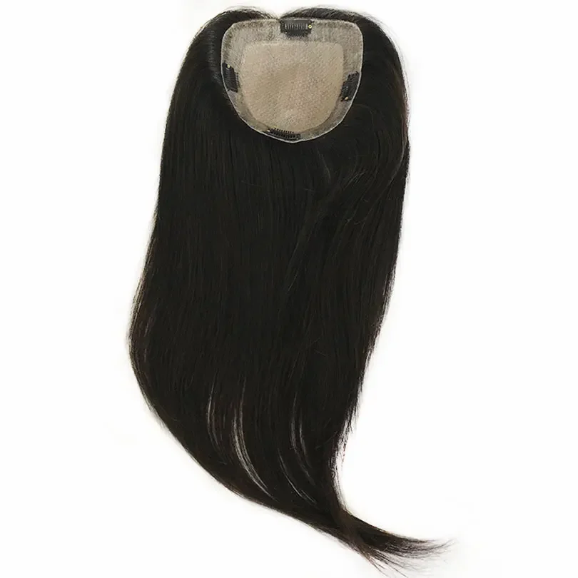 Human Hair Topper Silk Top Toupee With Clips Natural Black_voghion.com