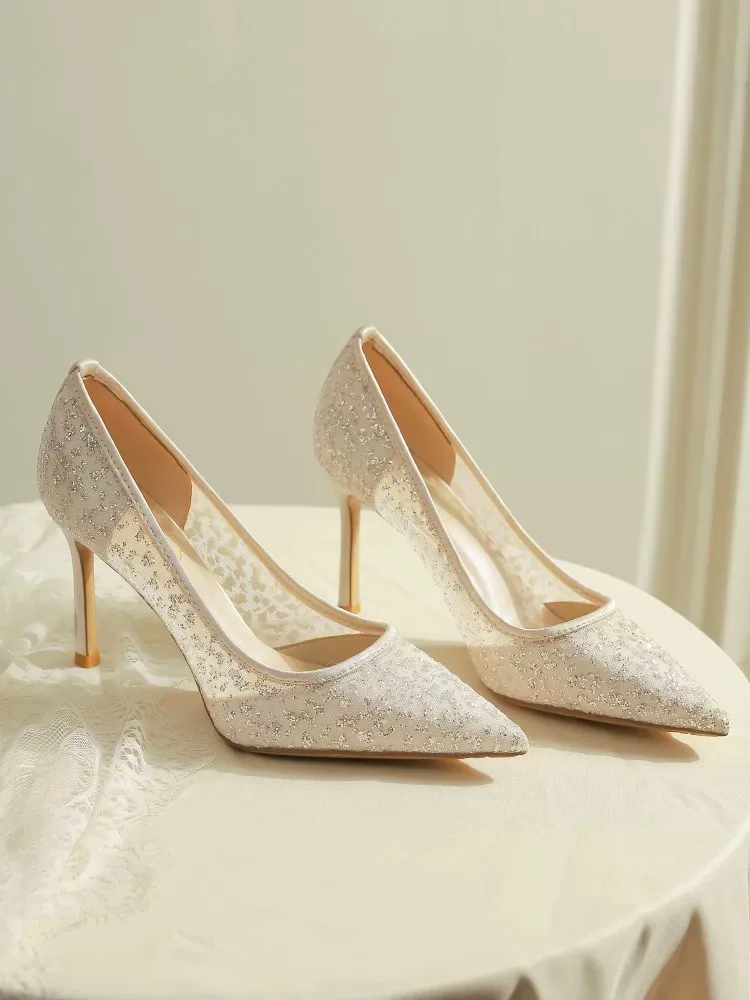 Ladies Bride Shoe Pointed Toe Stiletto Wedding Shoes Set White Lace Mesh 8 Cm Heel Wedding Shoes For Bride - Image 3