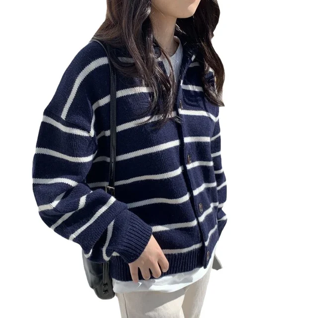 Women's Chic Retro Foreign Gas Loose Casual Striped Knitted Cardigan Lapel Jumper Jacket Autumn Winter Spring Season V-Neck