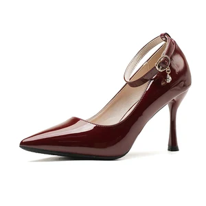 Elegant Burgundy Microfiber Comfortable Pointed Toe Stiletto Heel Ankle Strap Pumps for Summer Women