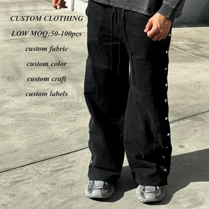 Clothing Factory Wholesale Heavyweight Cotton Cargo Pants Men Custom Side Button Down Design Wide Leg Tactical Baggy Cargo Pants