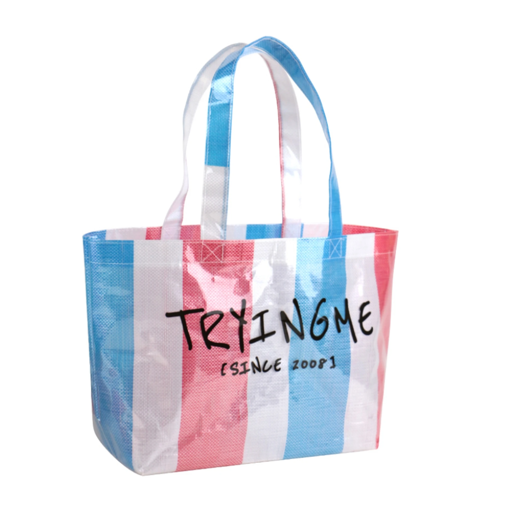 Chinese Classic Red White Blue Tote Handbags for Women PVC & PP Woven Bags with Heat Transfer Printing Letter Pattern