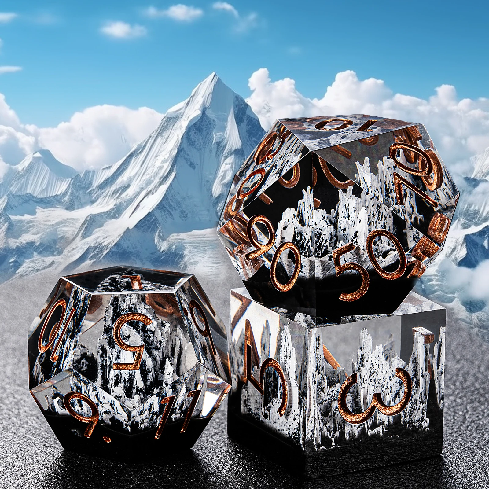 Factory Direct Polyhedral Clear White Sharp Edge Dnd Resin Dice Set With Mountain Stone for Table Games factory
