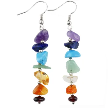 Natural Stone Earrings 7 Chakra Long Fringed Statement Crystal Drop Earrings for Women Round Beads Reiki Healing Jewelry