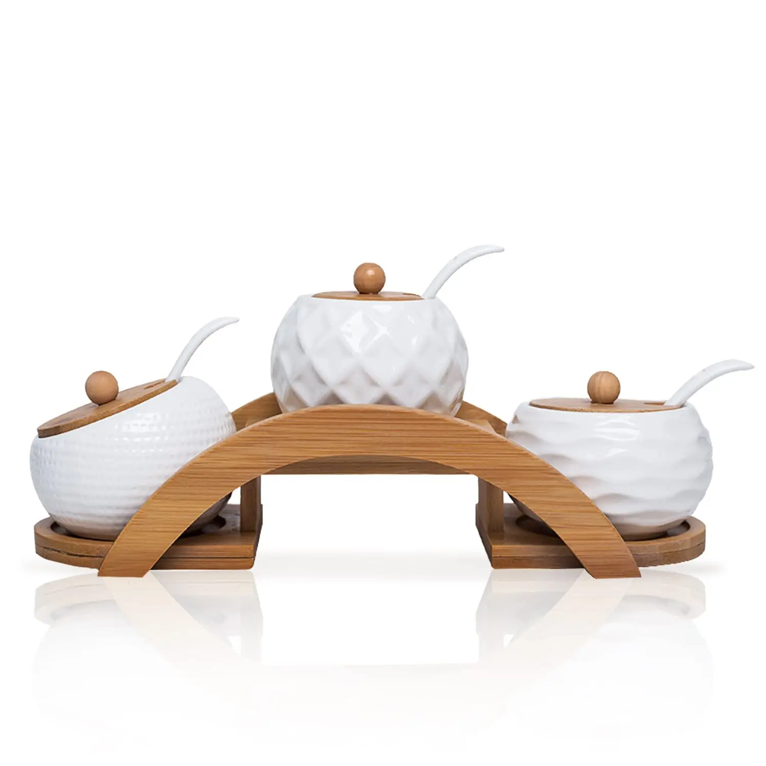 3 White 170ml 5.8 Oz Seasoning Spice Jar Tray Ceramic Serving Spoon Set Tableware With Bamboo Lid