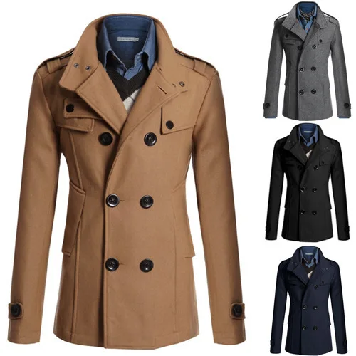 Men's winter warm lapel trench coat, double-breasted woolen jacket, windproof trench coat for men, stylish outerwear for cold weather