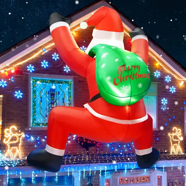 6FT Christmas Inflatable Hanging Santa Claus Decoration Built-in Bright LEDs Climbing Santa Claus Gift Bag Factory Christmas