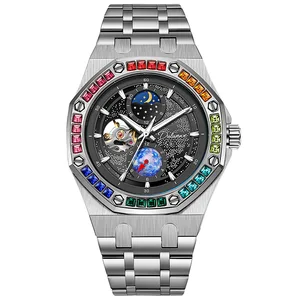 OEM Customized Mechanical Men's Watch Luminous Rainbow Starry Sky Series Moon Phase Silicone Stainless Steel Automatic Watches