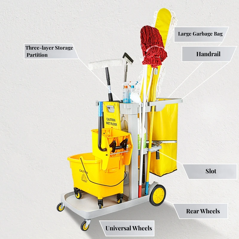 Multi-function Plastic Cleaning Cart Housekeeping Trolley Restaurant Hotel Cleaning Trolley Cart with Wheels manufacture