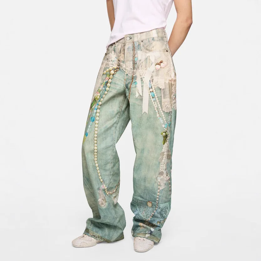 3D Lace Pearl Optical Illusion Digital Print Unisex Wide-Leg Jeans Denim Men's Jeans Casual Men's Pants