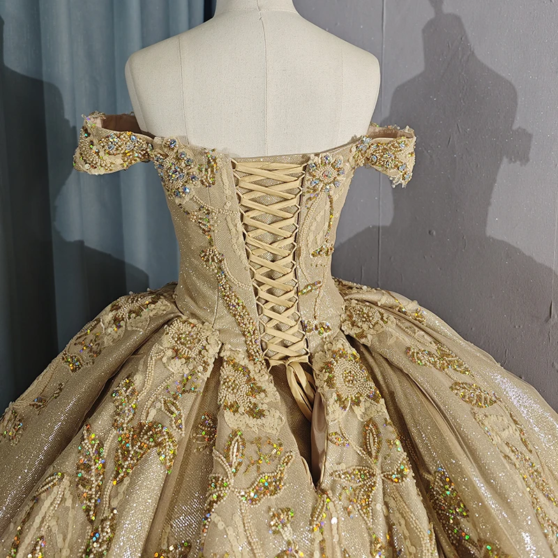 Sparkly Gold Lace Dress - Cap Sleeve Ball Gown Prom Dress