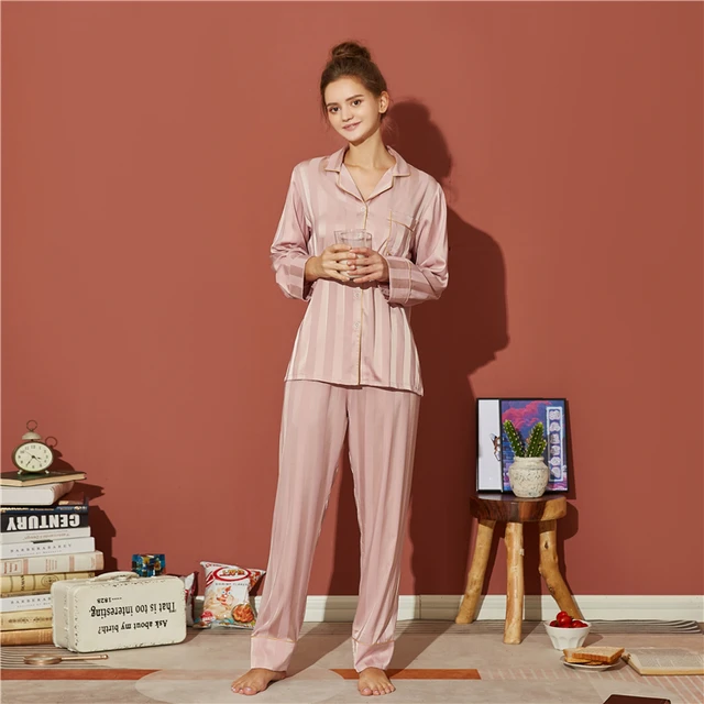 Luxury High Quality Custom Striped Pajamas Pyjamas Sleepwear Two Pieces Woman Satin Nightwear Set