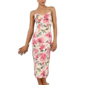 Halter Women's Dress Pink Floral Printed Midi Dress Knee Length