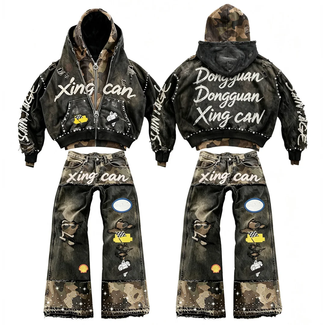 Tilpasset vintage syrevasket hip-hop-tostyks tracksuit til mænd, streetwear-stil med kamouflagepaneler, forældet og revet udseende, rhinestones og silkeskærmbetryk – OEM