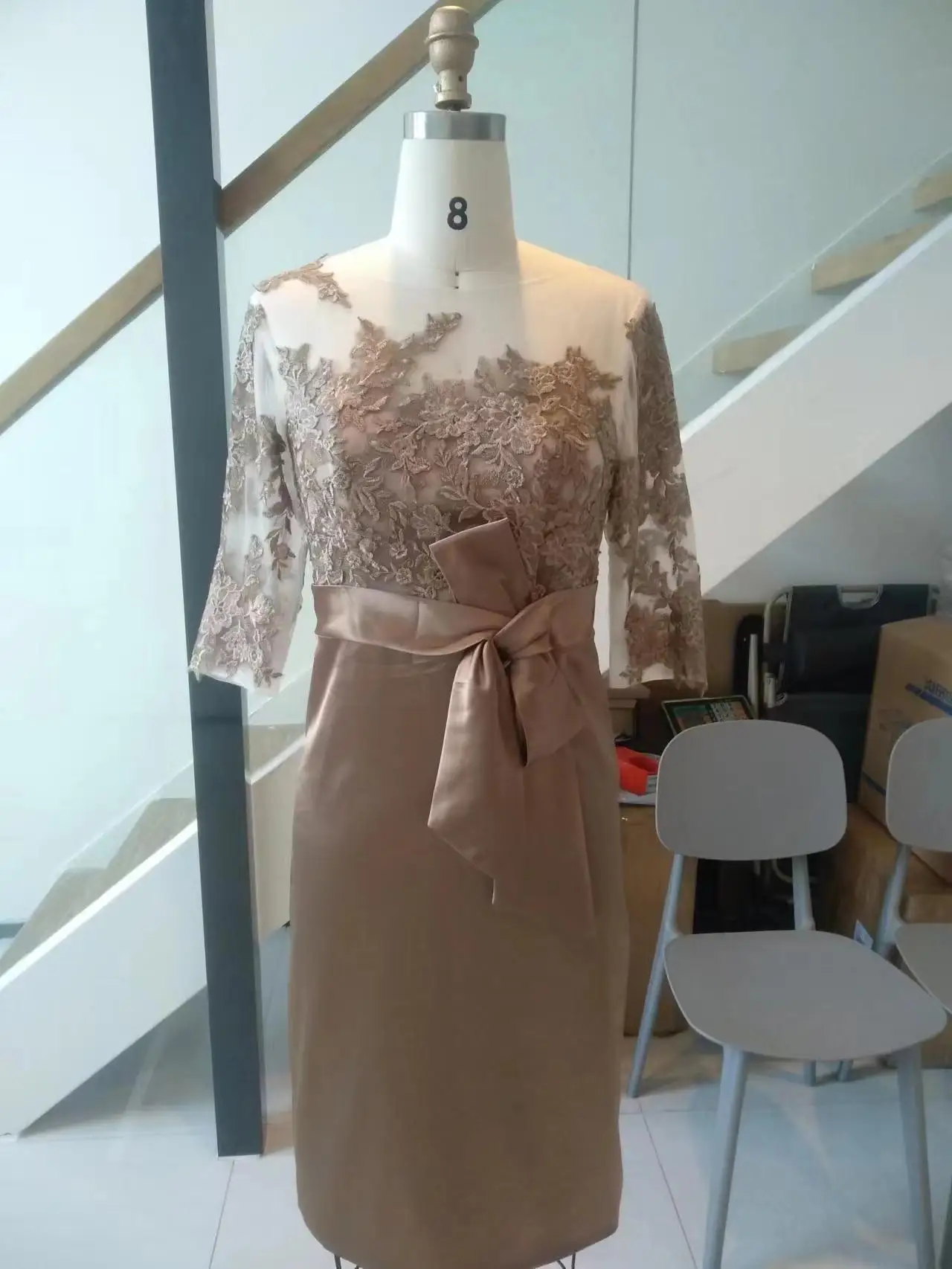 Illusion Three Quarter Sleeve Knee Length Women's Wedding Party Dress Lace Satin Mother of the Bride Dress Illusion Three Quarter Sleeve Knee Length Women's Wedding Party Dress Lace Satin Mother of the Bride Dress