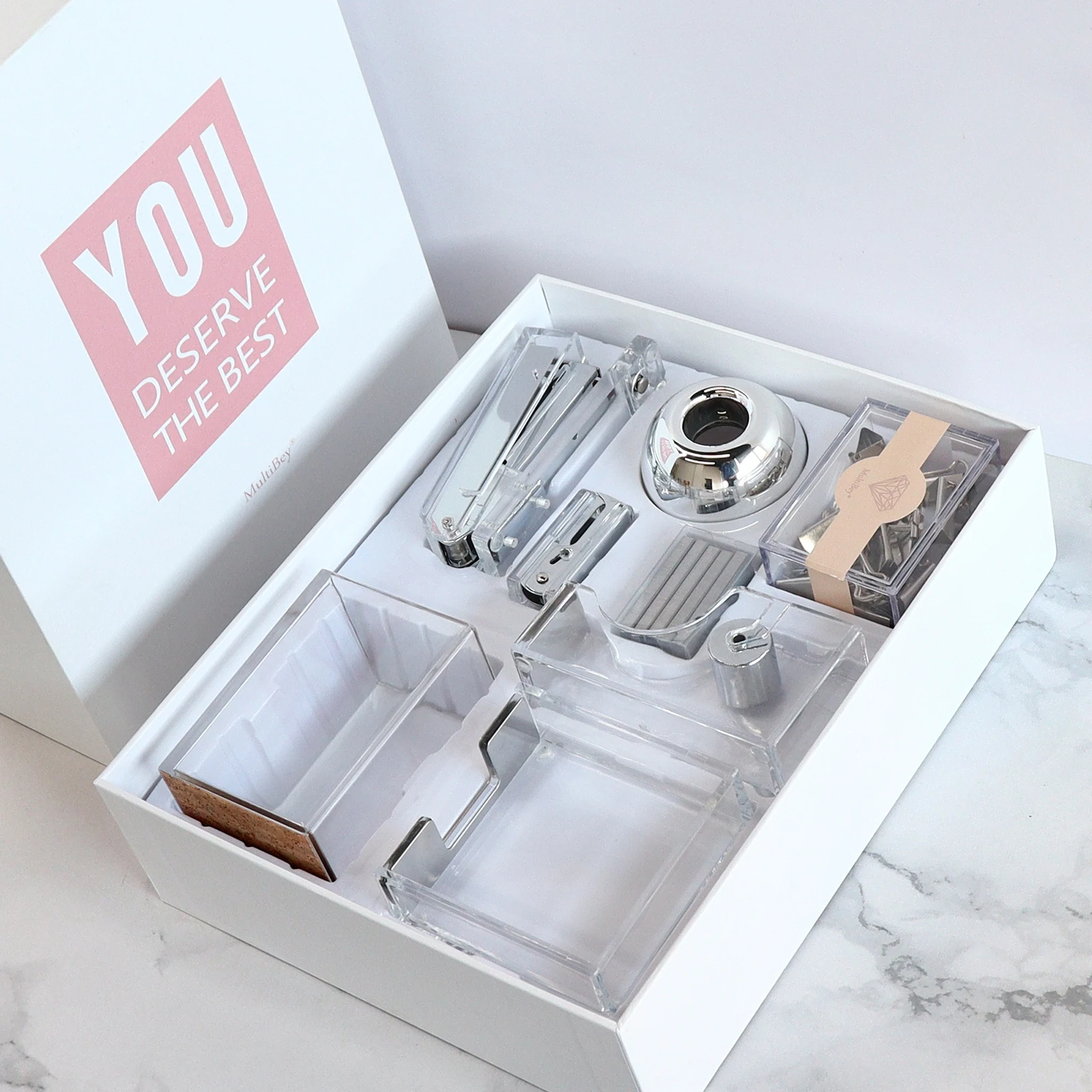 Роскошные эксклюзивные акриловые прозрачные аксессуары для офиса и стола, канцелярские принадлежности, Серебряный подарочный набор для стола, коробка для мужчин