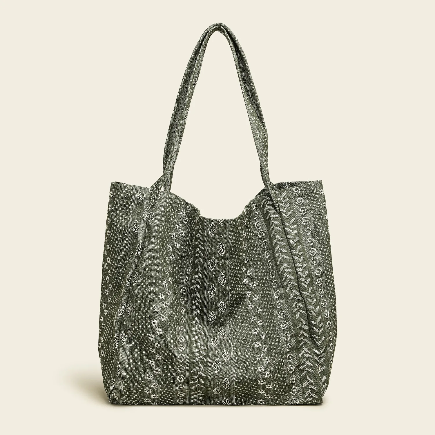 Ethnic Plant Print Canvas Shoulder Bag Large Capacity Lightweight Soft Tote Handbag for Ladies Vacation Office Outdoor Daily Use