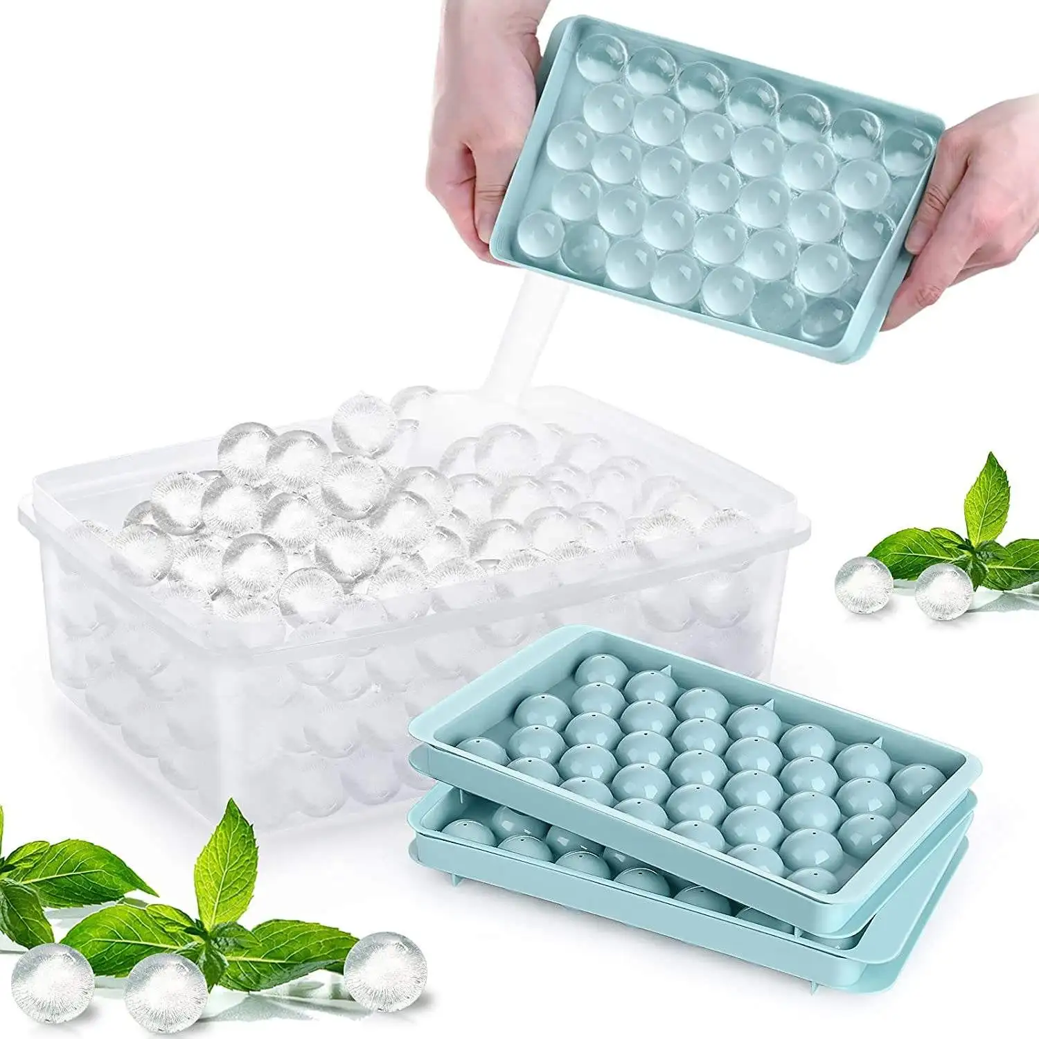 Factory Top Seller Bpa Free Plastic Mini Round Ice Ball Maker Mold Ice Cube Tray With Lid And Bin Ice Scoop details