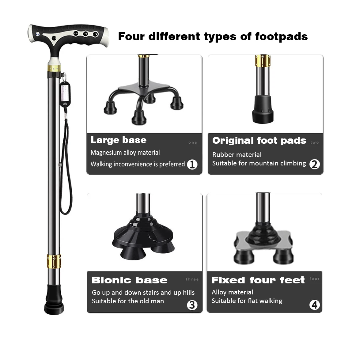 Adjustable Walking Stick with Led Light Detachable Base Old Man Elderly Walking Cane