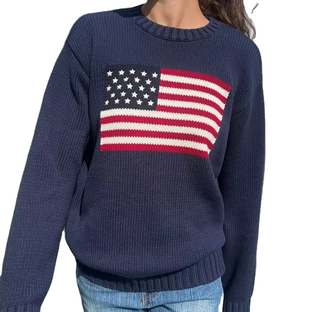 100% Cotton American Flag Pullover Knitted Weaving Method Printed Pattern