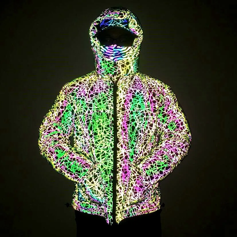 Yufan New Design Unisex 3d Pocket Outdoor Dazzling Reflective Down Jacket Rainbow Luminous Hooded Winter Padded Jacket