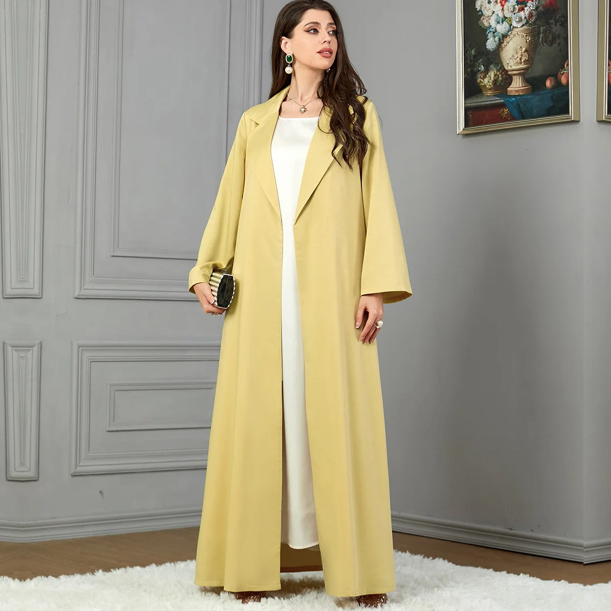 Z-37 Autumn and Winter Hot Yellow Lapel Coat Women's Fashion Long-sleeved  Coat Abaya Muslim Women Dresses Islamic Dress