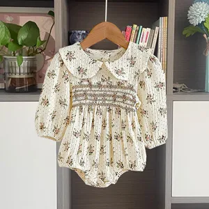 Custom Muslin Baby Clothes Shirred Smocked One-Piece Retro Printed Lotus Leaf Collar Pastoral Floral Long Sleeve Baby Rompers