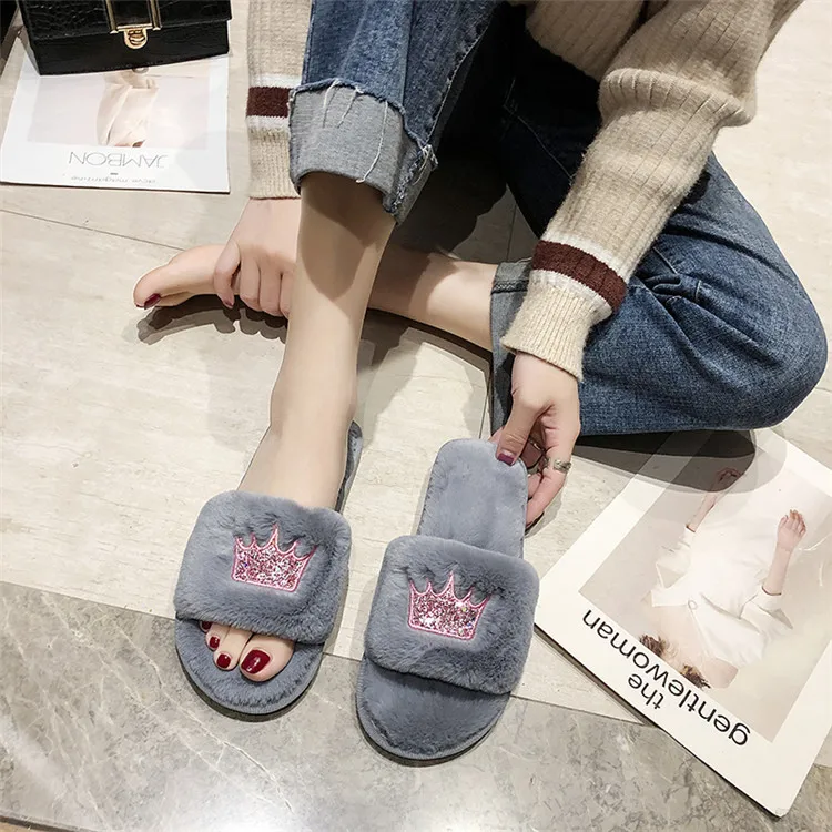 Black Pink Winter Women Home Slippers With Faux Fur Fashion Slip On ...