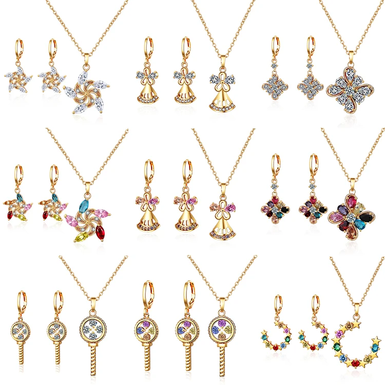 Colorful dubai cheap bridal 18k gold plated zircon necklace and earrings jewelry set
