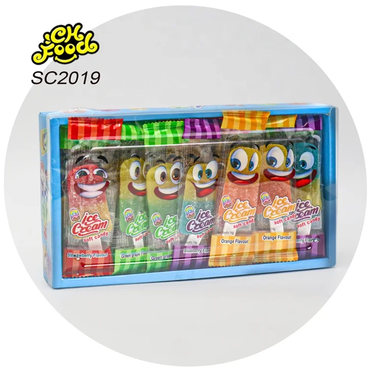 Hot Selling Wholesale Sugar Coated Ice Cream Shape Gummy Candy OEM Halal Soft Chewy Sour Candy Sweet Snack Food China Factory