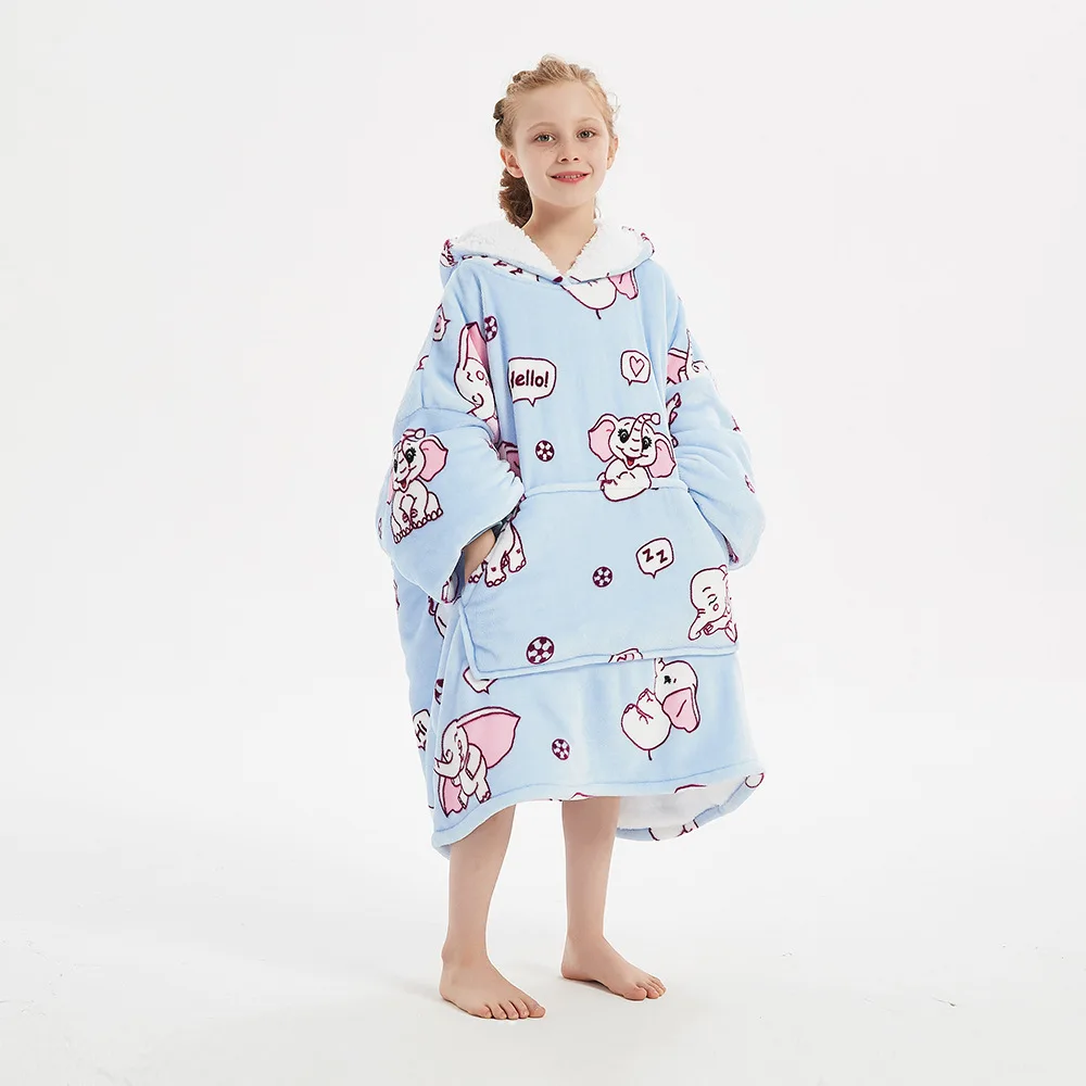 Winter Warm Kids Printed Tv Sherpa Blanket Hoodie Cute Children's Wearable Blanket Hoodie