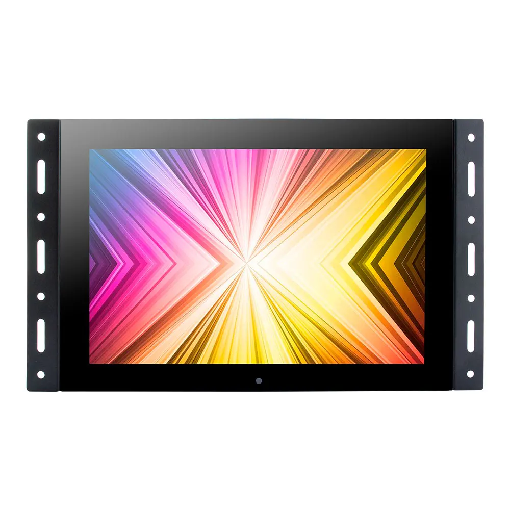Fanless, open-frame 10.1-inch wall-mounted VESA PCAP touchscreen monitor with HD MI, USB, and built-in speakers.