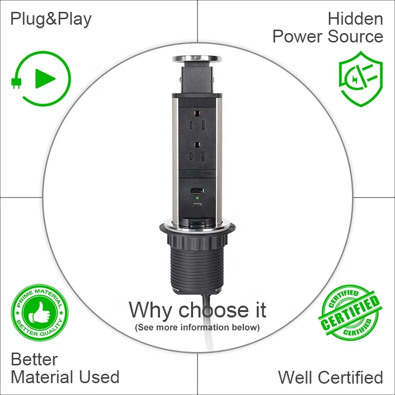 US Power Strip with USB Type C Charger for Office Furniture