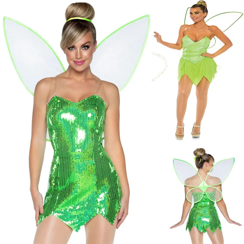 Damen-Kostüm Waldfee / Tinkerbell – Paillettenkleid Mit Flügeln Für Cosplay, Halloween & Partys