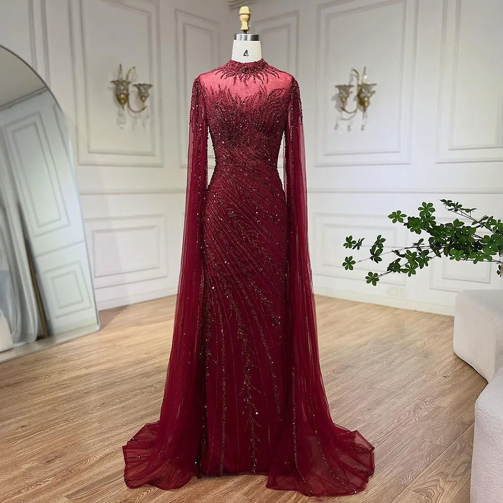 Caramel/Turquoise/Wine/Black/Green/Blue 2024 Cape Sleeves High Neck Formal Occasion Gowns Beaded Luxury Dubai Long Evening Dress Caramel/Turquoise/Wine/Black/Green/Blue 2024 Cape Sleeves High Neck Formal Occasion Gowns Beaded Luxury Dubai Long Evening Dress