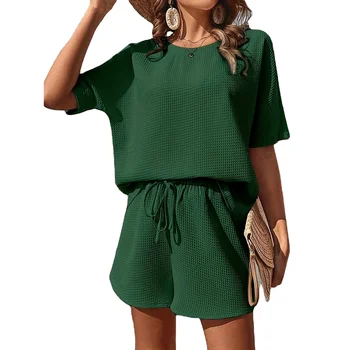 Channel 11 Colors Summer 2024 Waffle Knit Short Sleeve Top And Shorts 2 Piece Pajama Set Women With Drawstring
