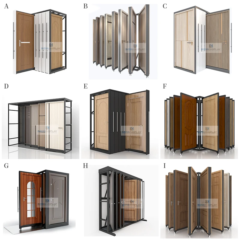 Factory Customized 360 Degree Rotating Wooden Door Display Stand Modern Door Window Sample Frame Fixed up and Down Metal Racks