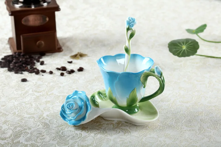 3D Rose Design Ceramic Cup Coffee Mug and Saucer Set