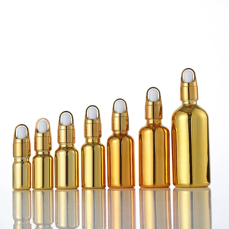 5ml 10ml 15ml 20ml 30ml 50ml 100ml Shiny Electroplate Gold Glass Dropper Bottles for Essential Oil