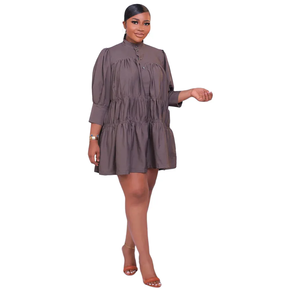 New Arrival Women's Clothing Fall Shirt Dress High Neck Solid Color Loose  Long Sleeve Women Midi Large Swing Dress