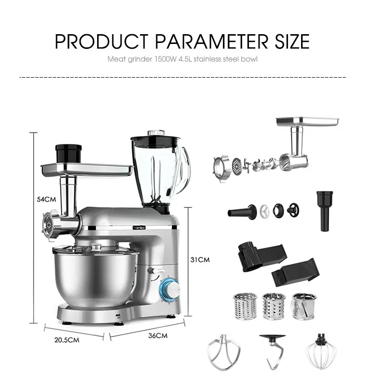 5-in-1Multifunctional Kitchen Appliances, 1500W 4.5L Stainless Steel Bowl With Blender And Meat Grinder Stand Mixer/