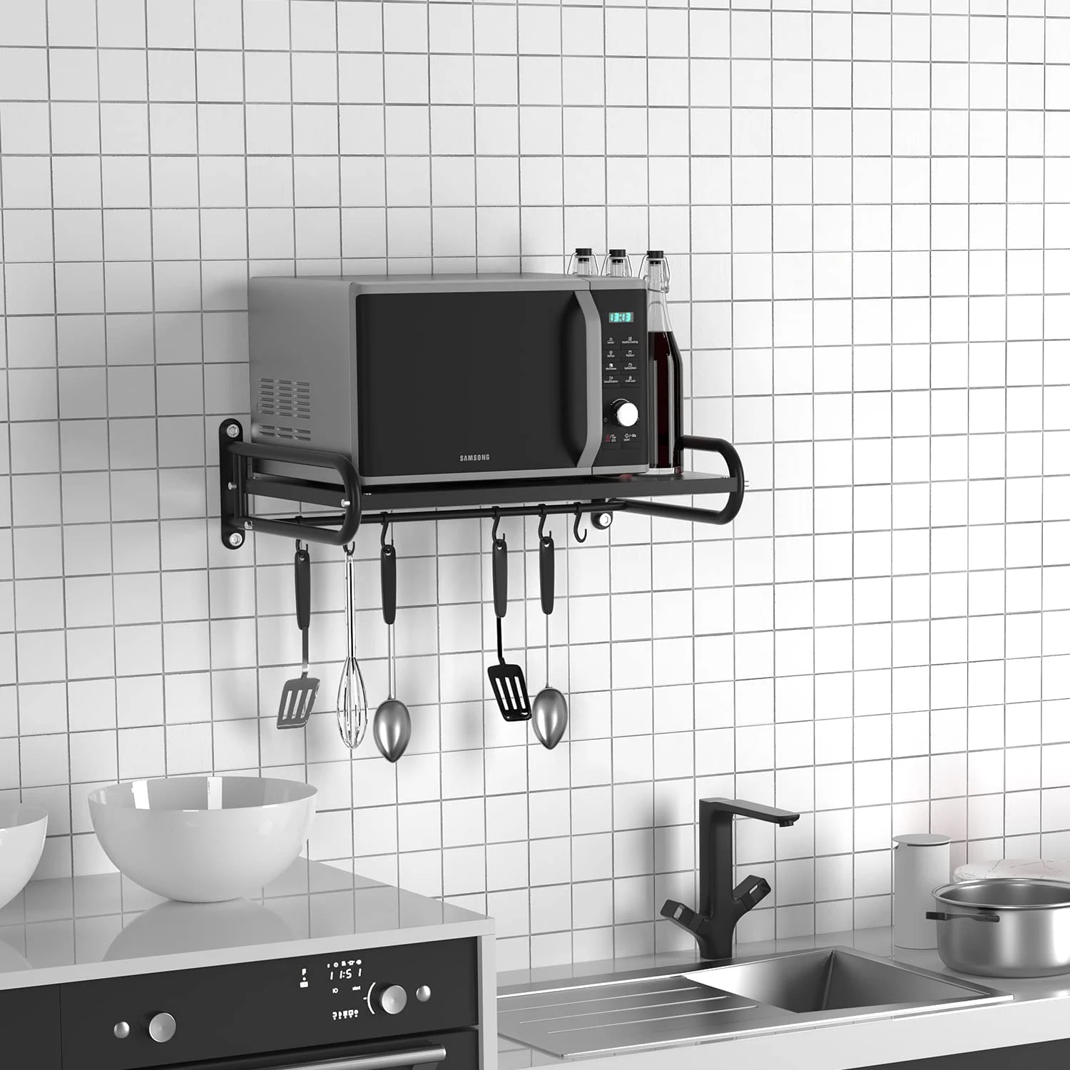 JH-Mech Kitchen Oven Bracket with Hooks Heavy Duty Commercial or Household Grade Wall Mount Microwave Wall Shelf