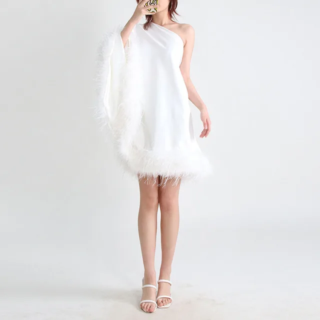 Loose Fashion Evening Elegant One Shoulder Women Dresses with Ostrich Feather - Image 2